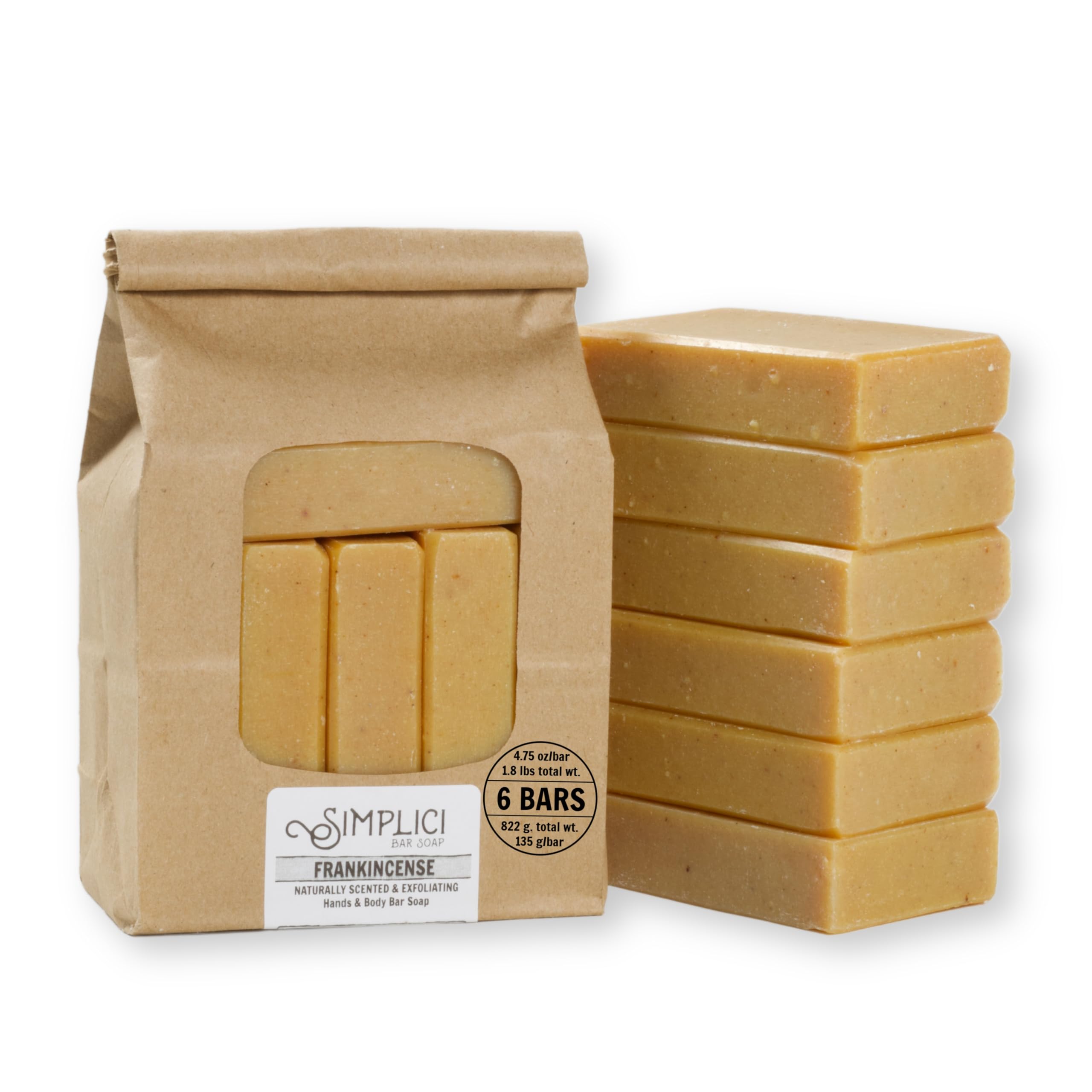 Simplici Frankincense- Natural Soap (exfoliating + pure essential oils) 6 Bar Value Bag. Palm Free